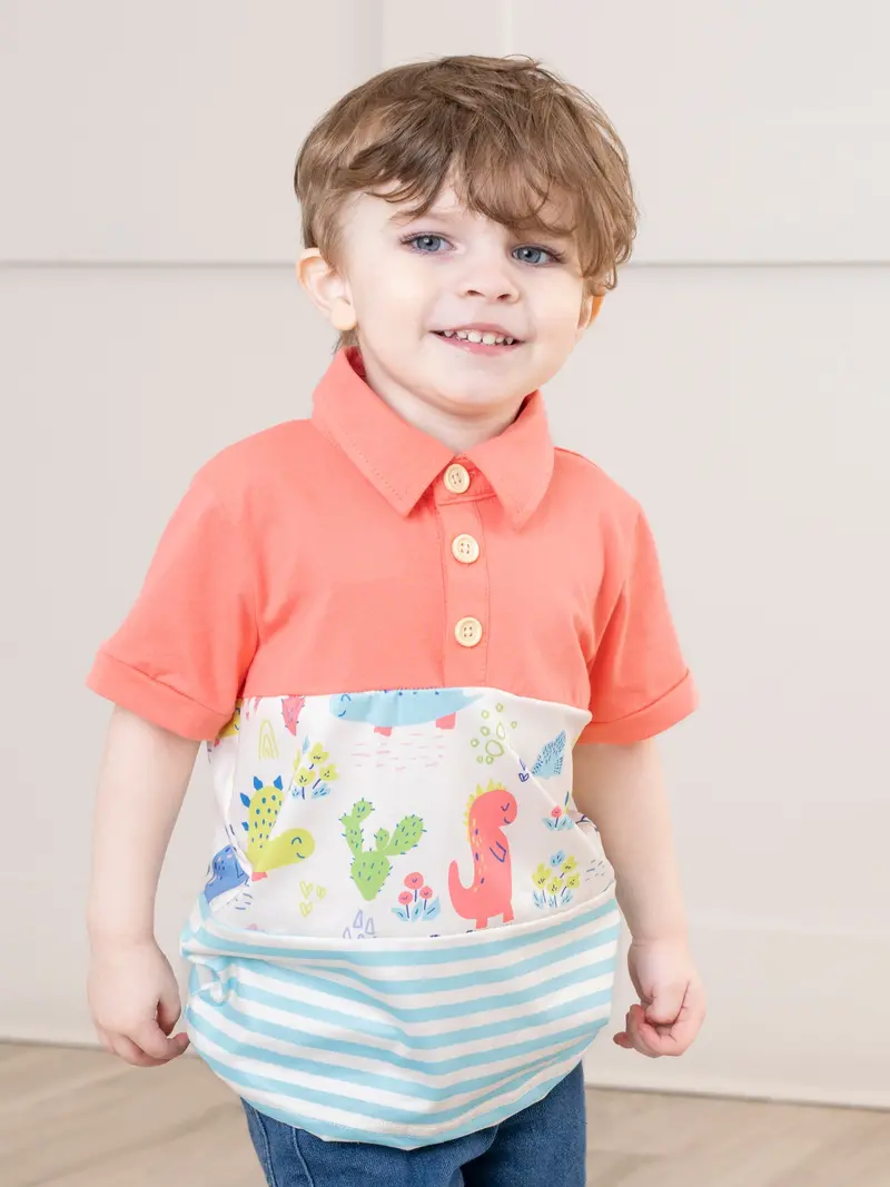 Coral And Teal Dinosaur-Themed Polo Shirt 1