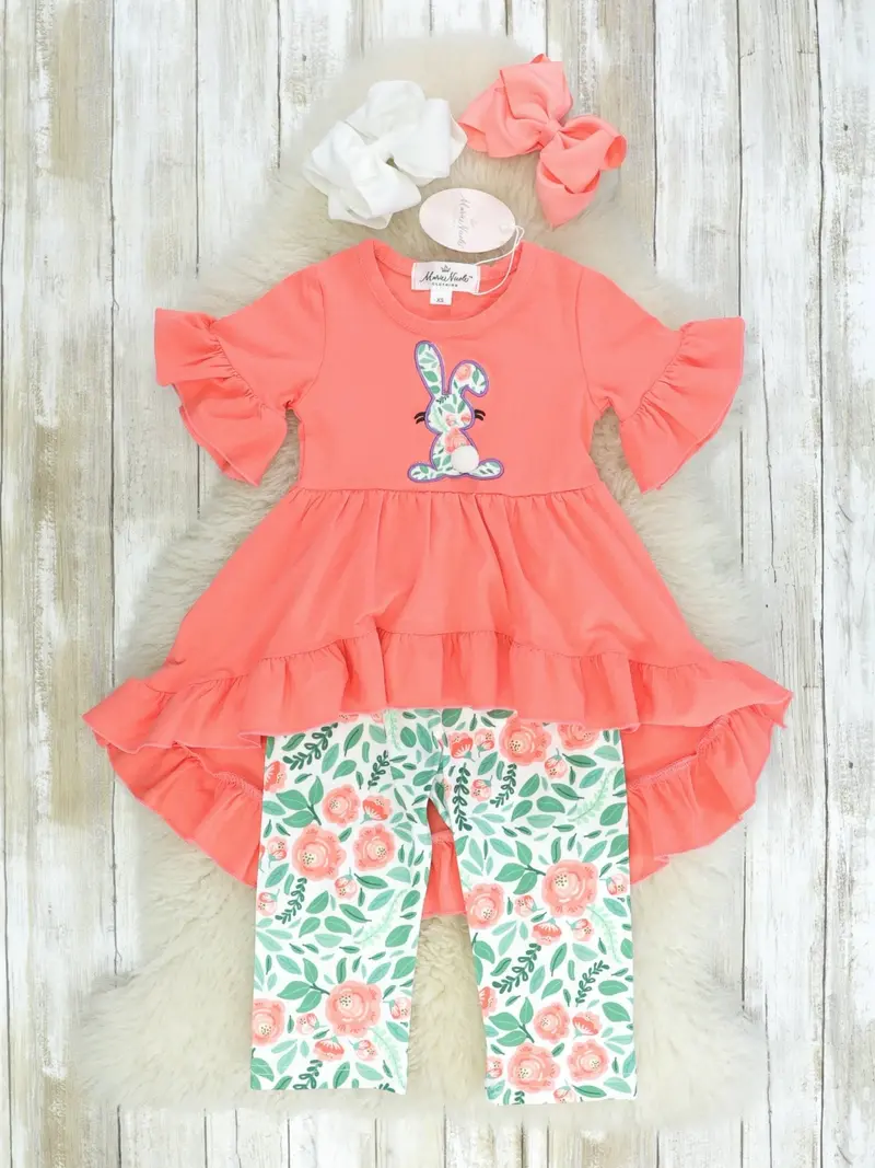 Coral Bunny Print Tunic And Floral Pants Ensemble 1