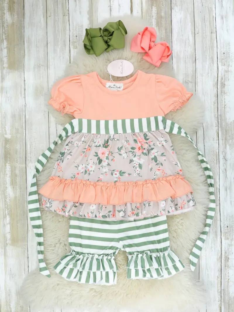 Coral Floral And Green Striped Ruffle Outfit Set 1
