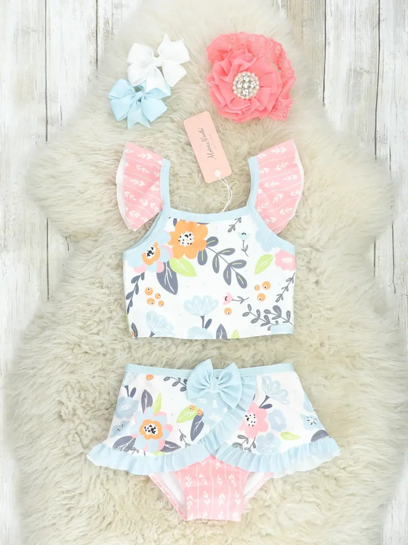 Coral Floral Ruffle Swimsuit For Toddlers 1