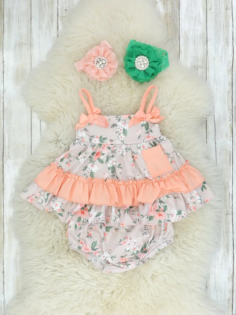 Coral Floral Ruffle Top And Bloomers Matching Set 1