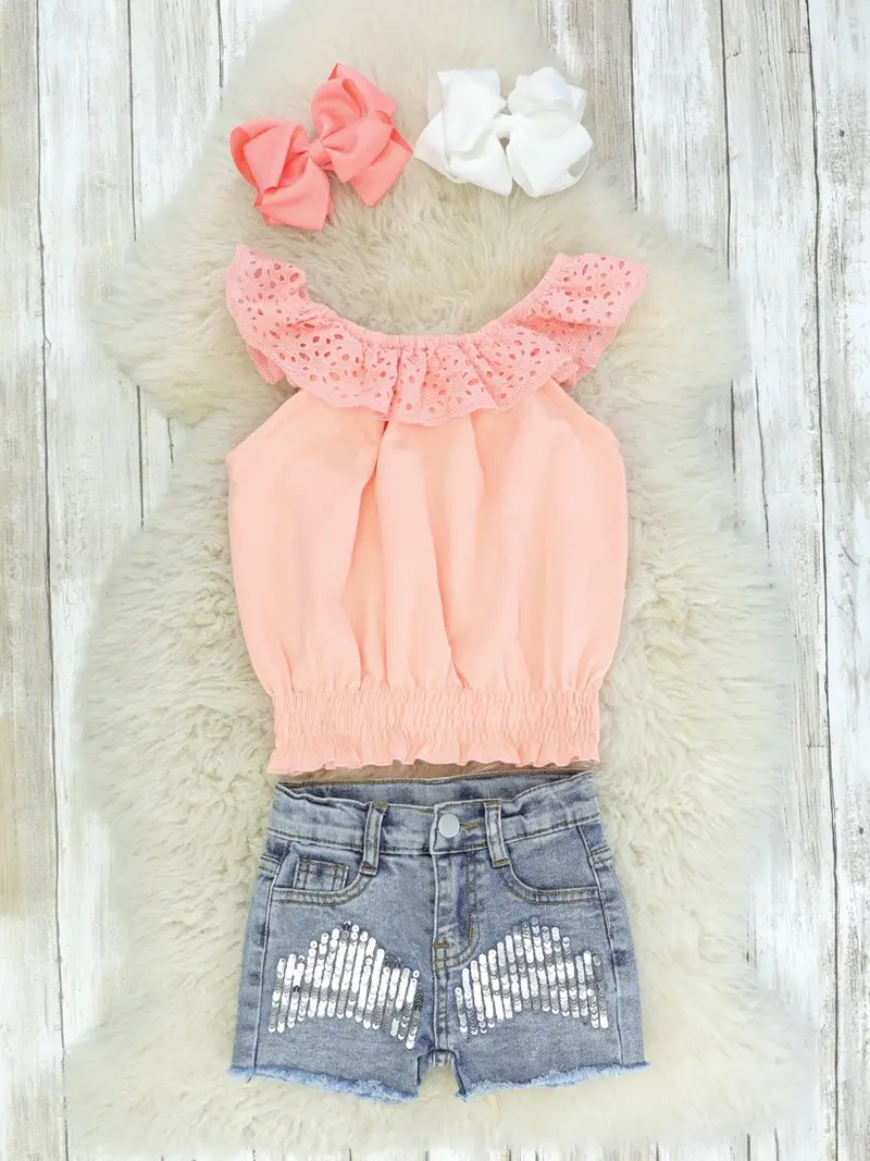 Coral Lace Tank Top And Denim Shorts Outfit 1