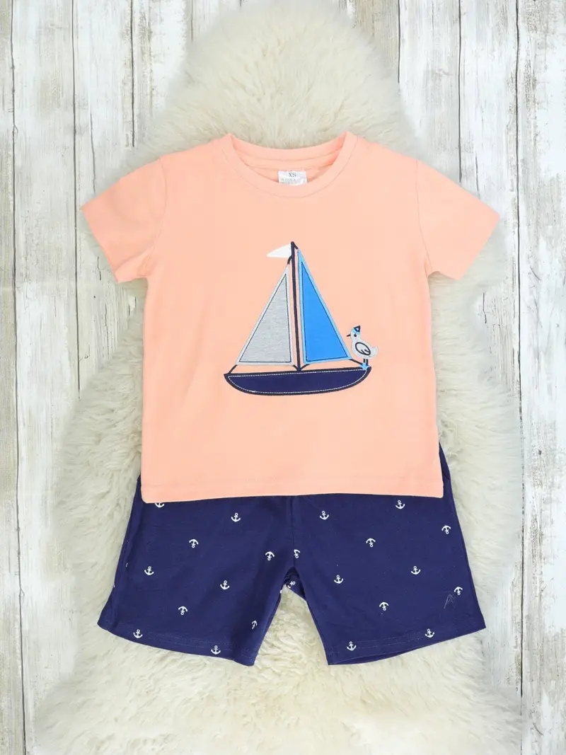 Coral Sailboat Print Top And Shorts Set 1