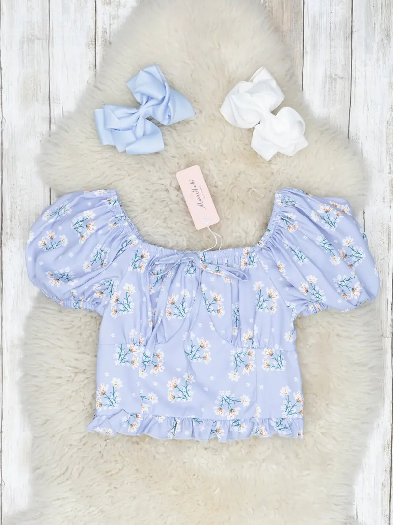 Cornflower Blue Puff Sleeve Top For Kids 1