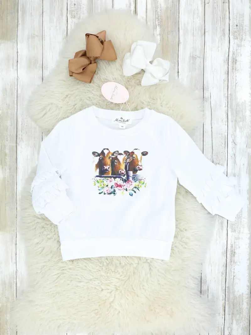 Cotton Cow Print Ruffle Shirt In White 1