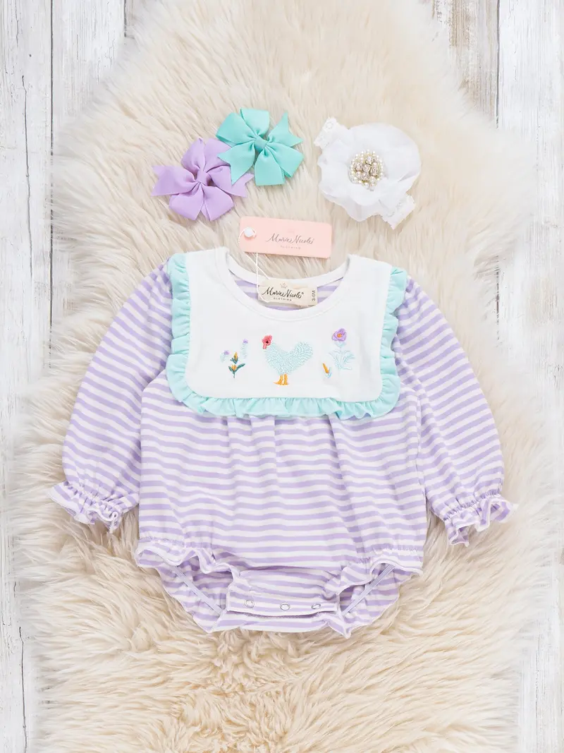 Country Chicken Striped Embroidered Bubble Romper 1
