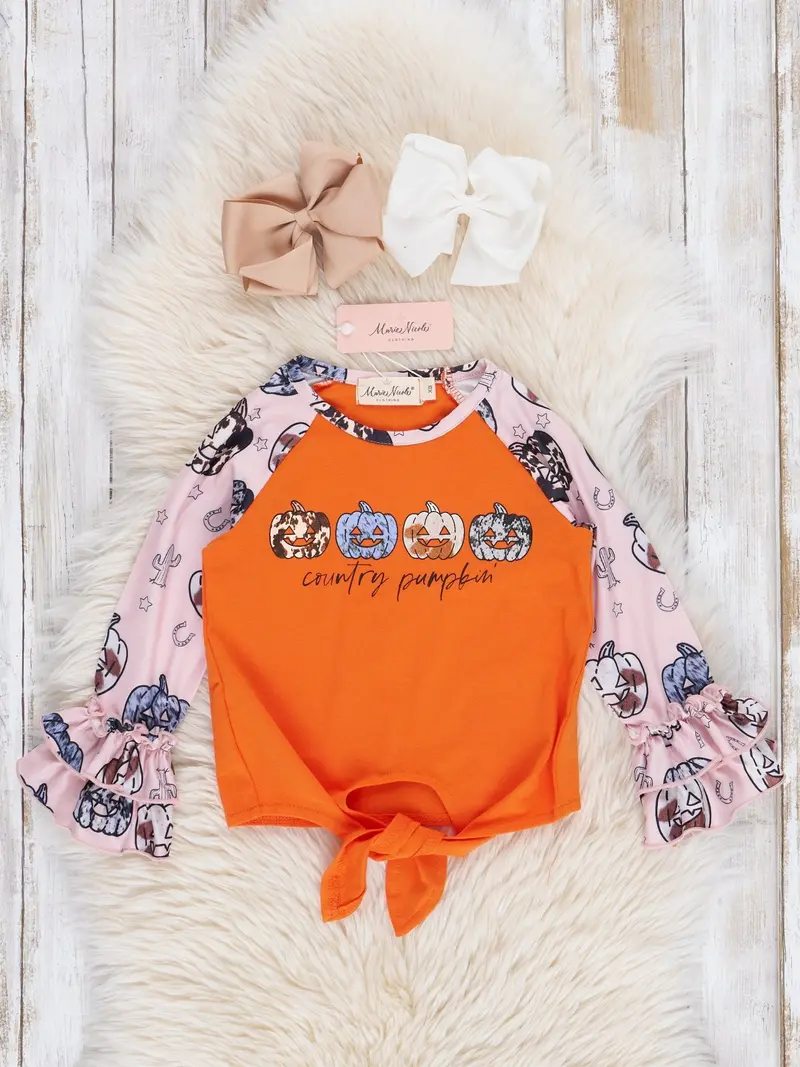 Country Pumpkin Ruffle-Sleeve Tie-Front Top 1