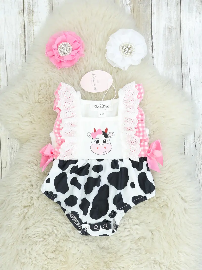 Cow Print Checked Bubble Romper With Ruffles 1