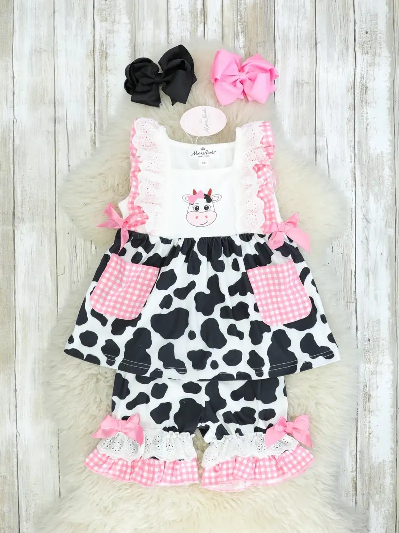 Cow Print Checked Ruffle Outfit In Pink 1