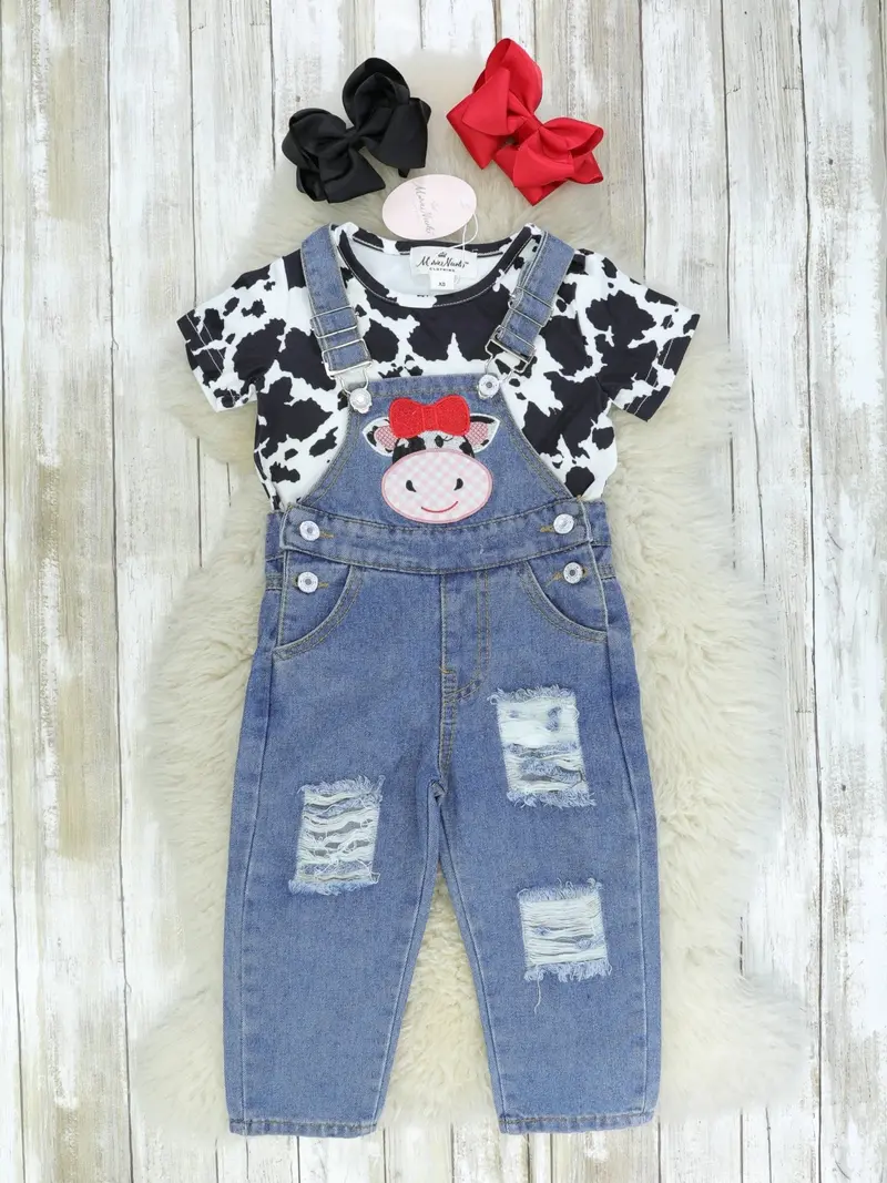 Cow Print Graphic Shirt And Denim Overalls Combo 1