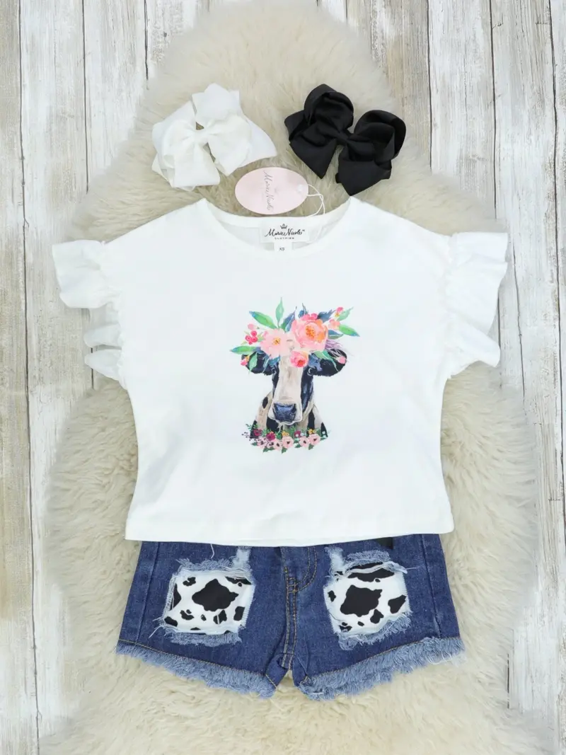 Cow Print Ruffle Top And Distressed Denim Shorts Set 1
