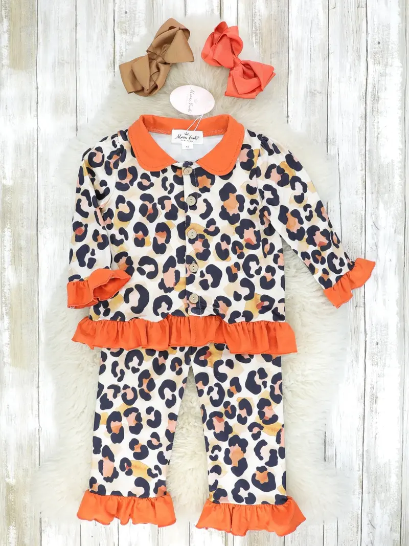 Cozy Orange Ruffle Leopard Print Pajama Set 1