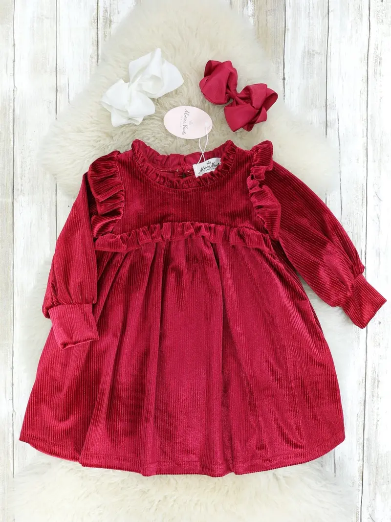 Cranberry Ribbed Velvet Ruffle Dress 1