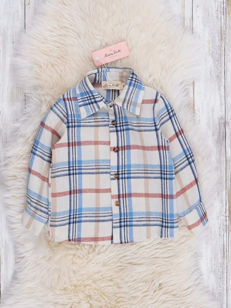 Cream And Blue Plaid Flannel Shirt 1