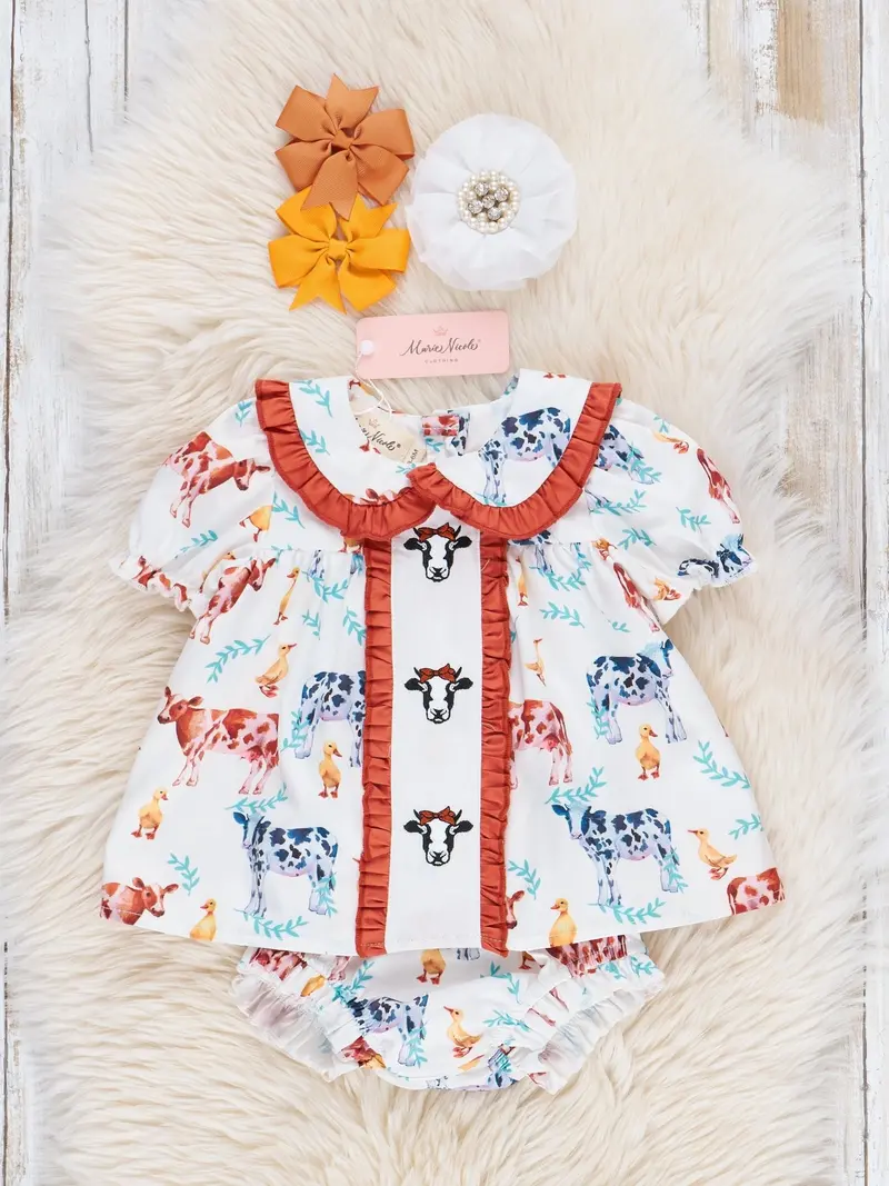 Cream And Bronze Cow-Embroidered Ruffle Bloomer Set 1