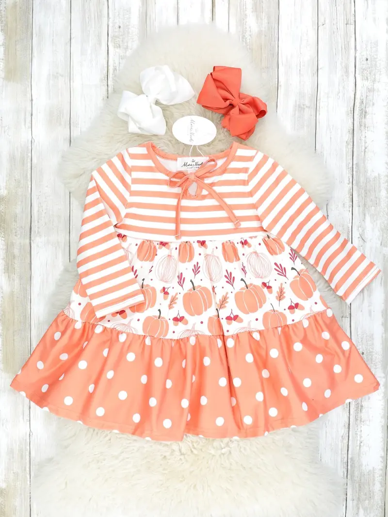 Cream And Orange Pumpkin Tiered Tie-Front Dress 1