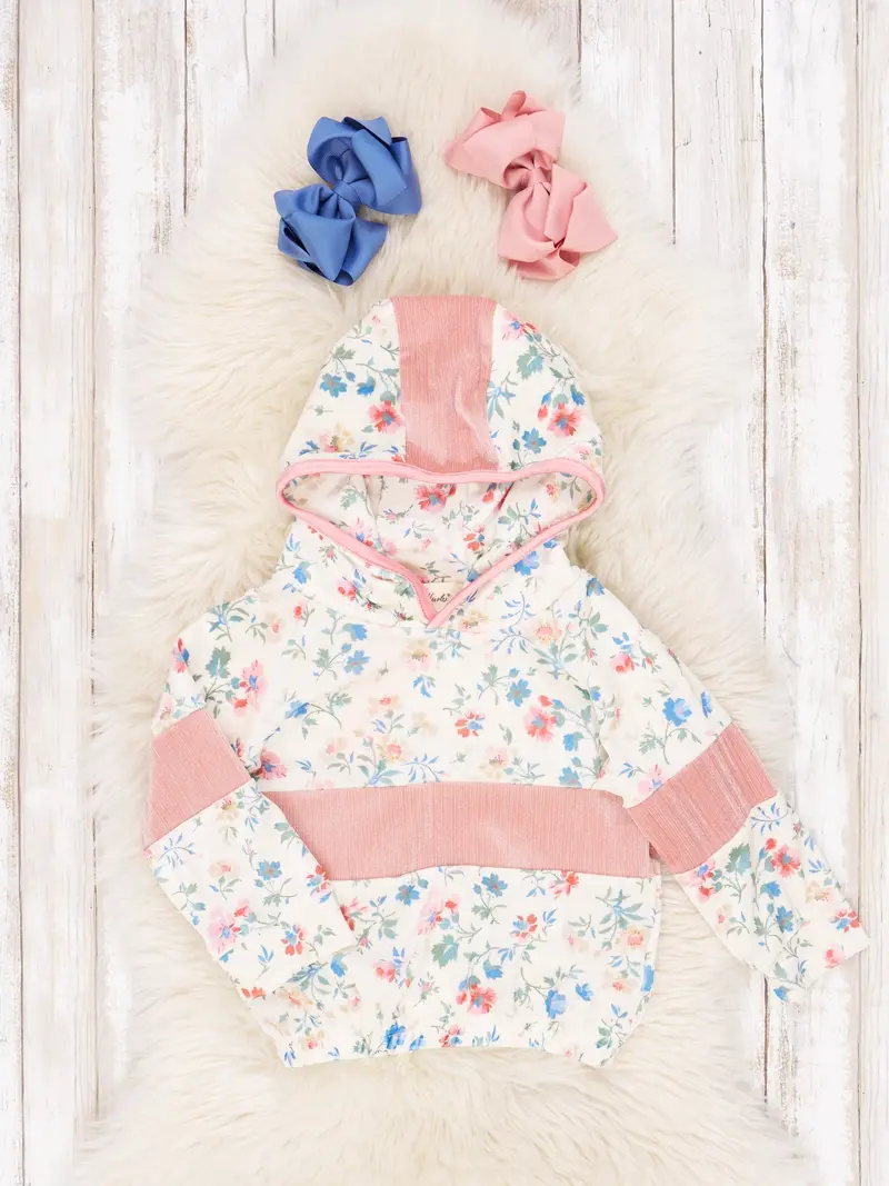 Cream And Pink Velvet Floral Hoodie With Ruffle Trim 1