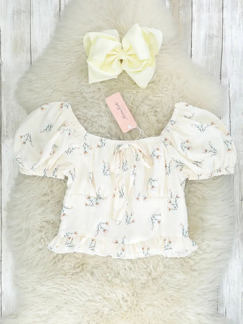 Cream Floral Puff Sleeve Top For Little Ones 1