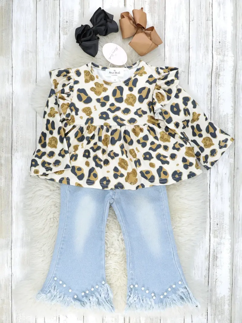 Cream Leopard Print Ruffle Top With Denim Bell Bottoms 1
