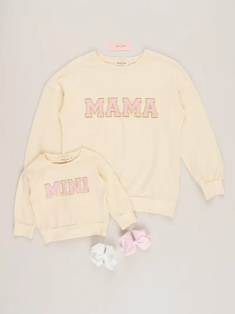 Cream Mom And Child Matching Crew Neck Shirts 1