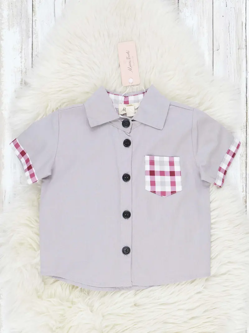 Crimson And Grey Plaid Collared Polo Shirt 1