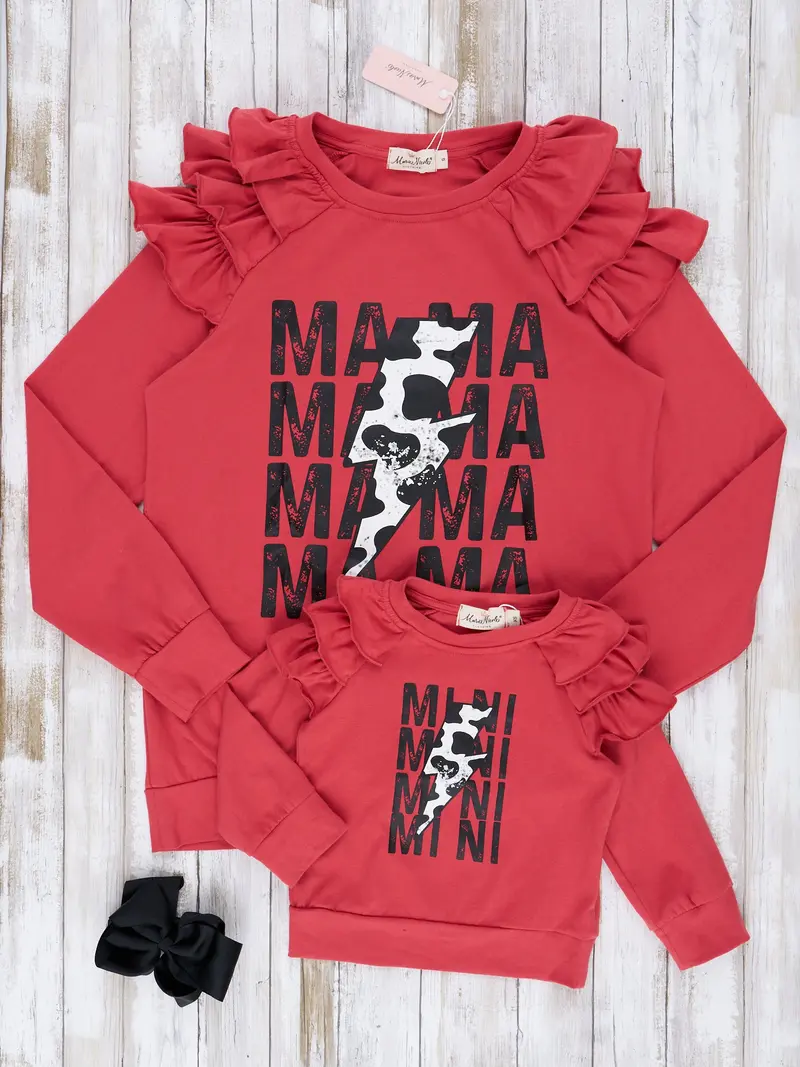 Crimson Cow Print Ruffle Shirt – Mom & Me Matching Top 1