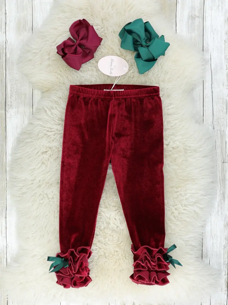 Crimson Red Velvet Ruffle-Legging Pair 1