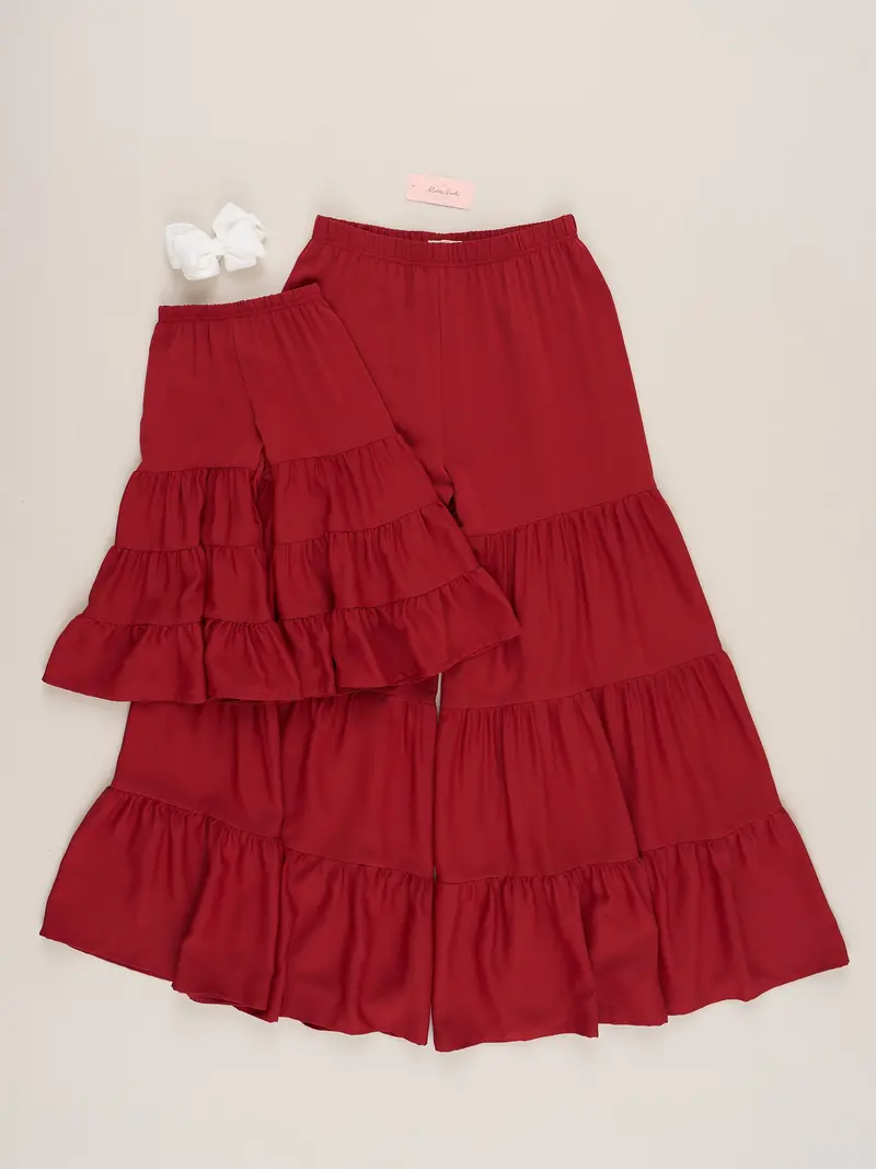 Crimson Tiered Ruffle Matching Mom And Baby Pants 1