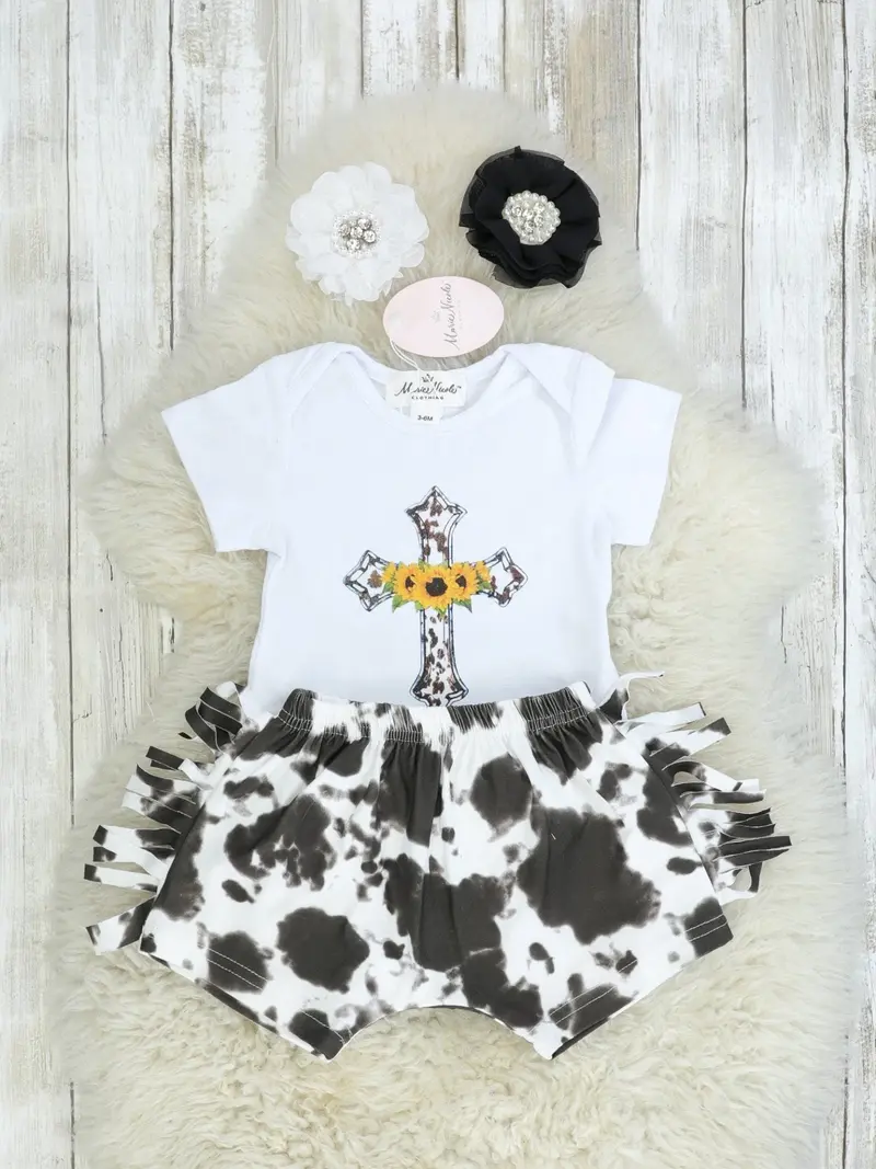 Cross-Embellished Top And Brown Cow Print Fringe Shorts Set 1