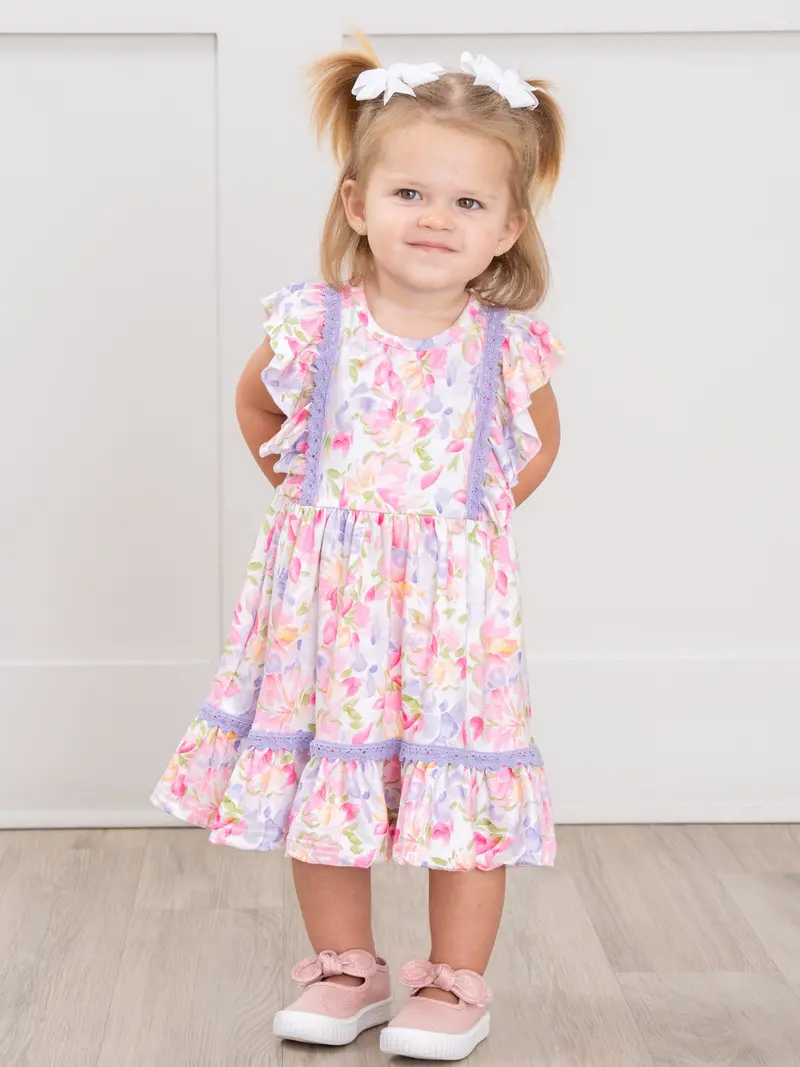 Daisies Print Ruffle Dress For Little Girls 1