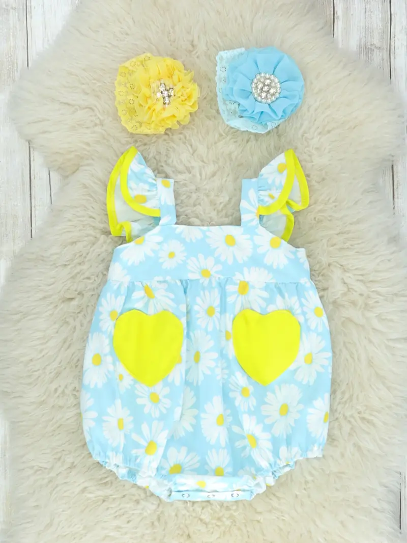Daisy-Print Blue And Yellow Bubble Romper With Pocket Detail 1