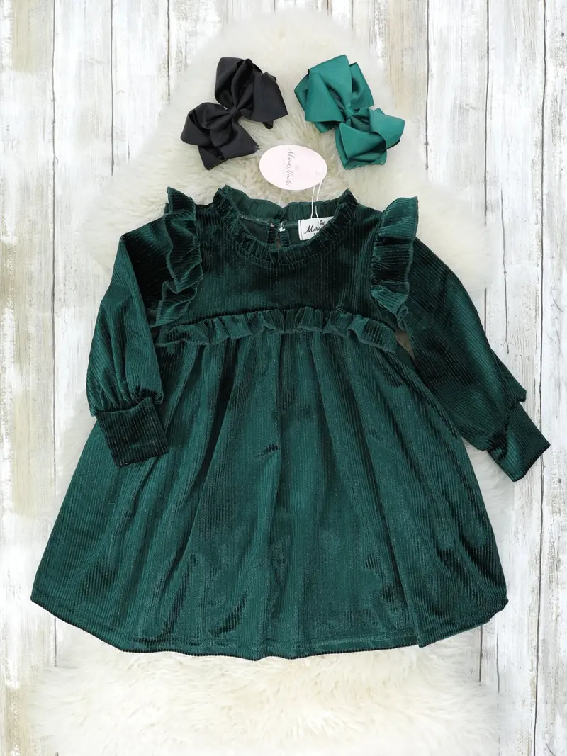 Dark Green Ribbed Velvet Ruffle Dress 1