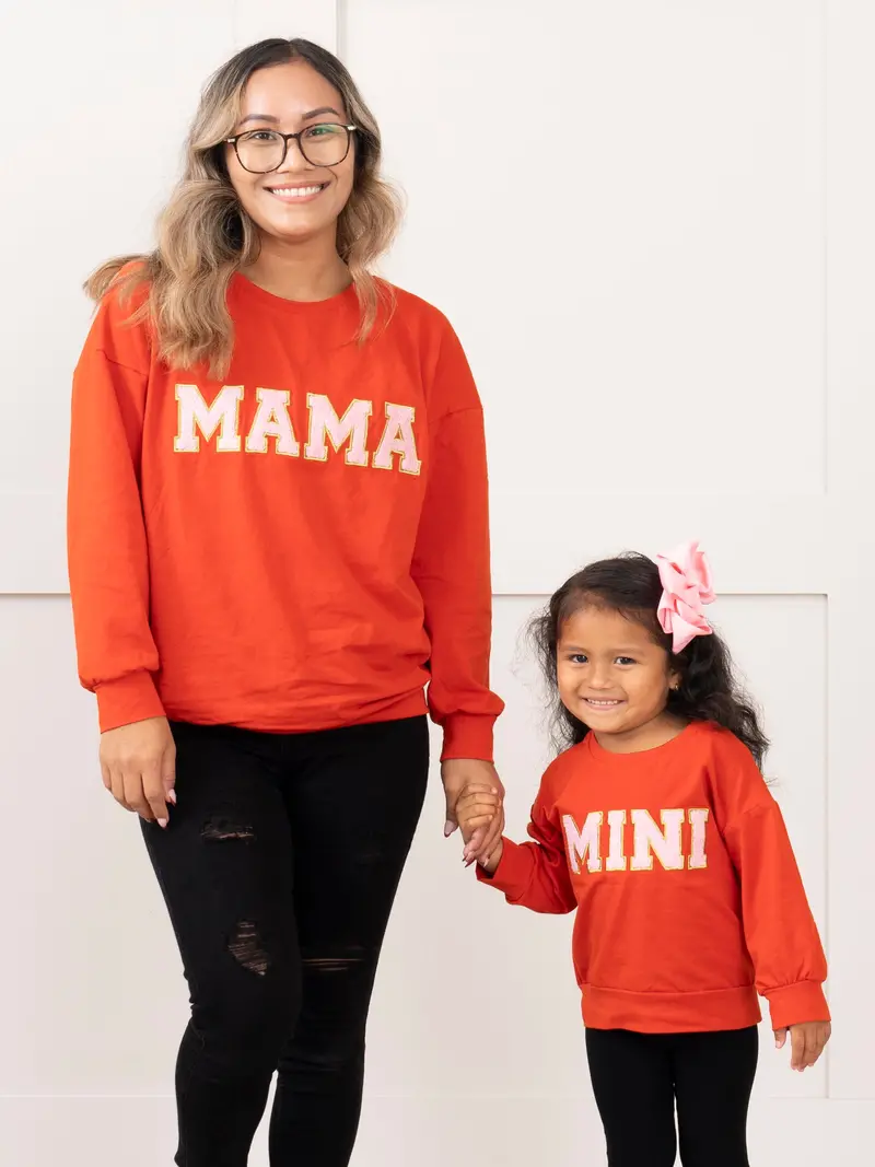 Dark Orange Mom And Child Crew Neck Matching Tops 1