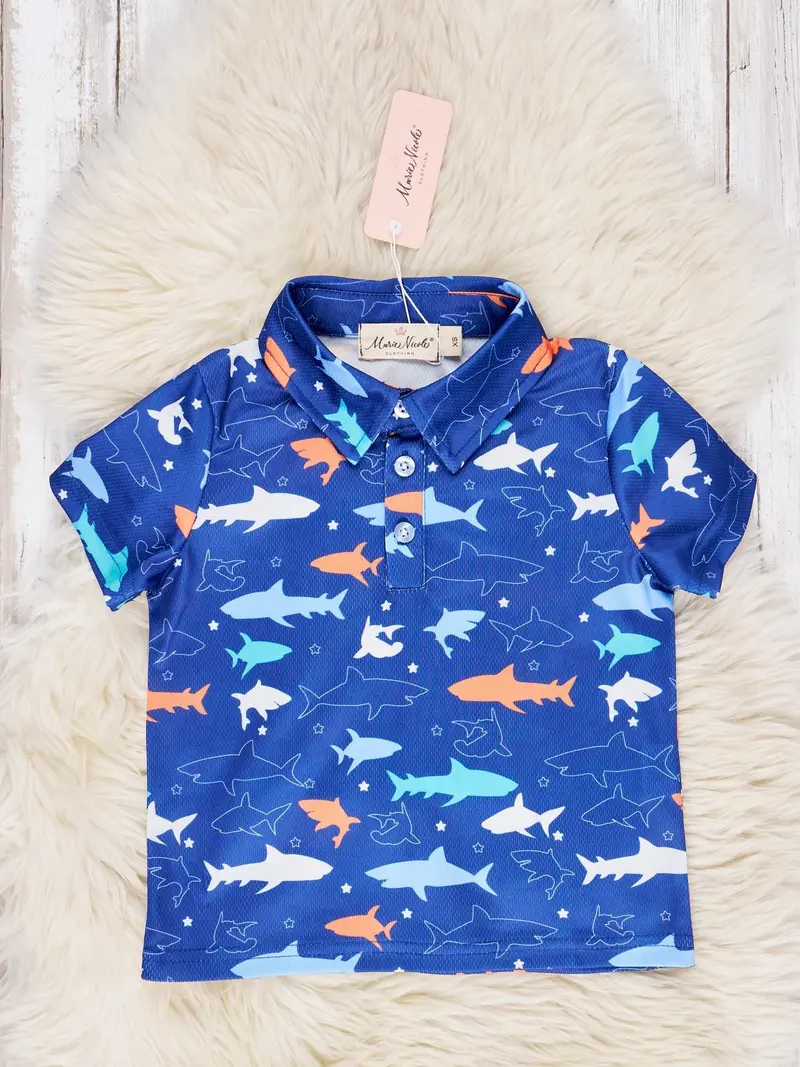 Deep Blue Shark Embroidered Polo Top 1