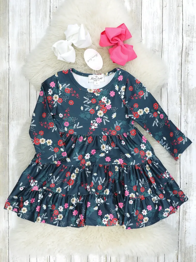 Deep Green Floral Tiered Dress Set For Mother And Daughter 1