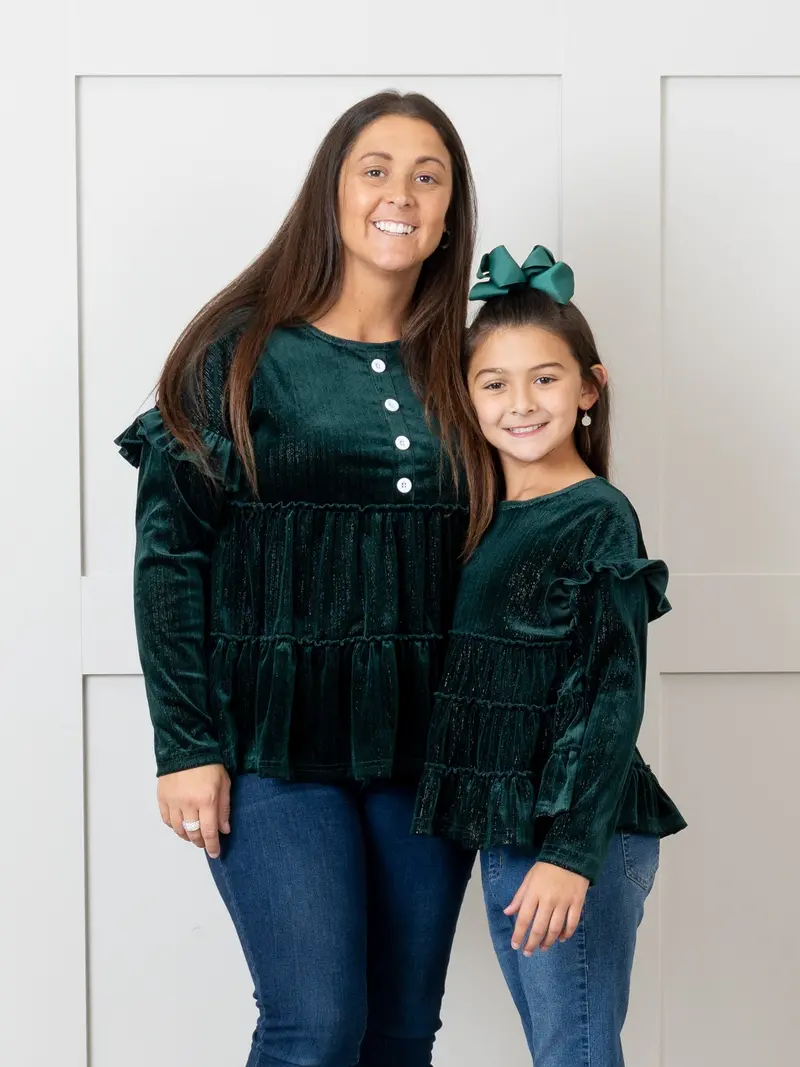 Deep Green Velvet Ruffle Shirt – Mom And Baby Matching Top 1