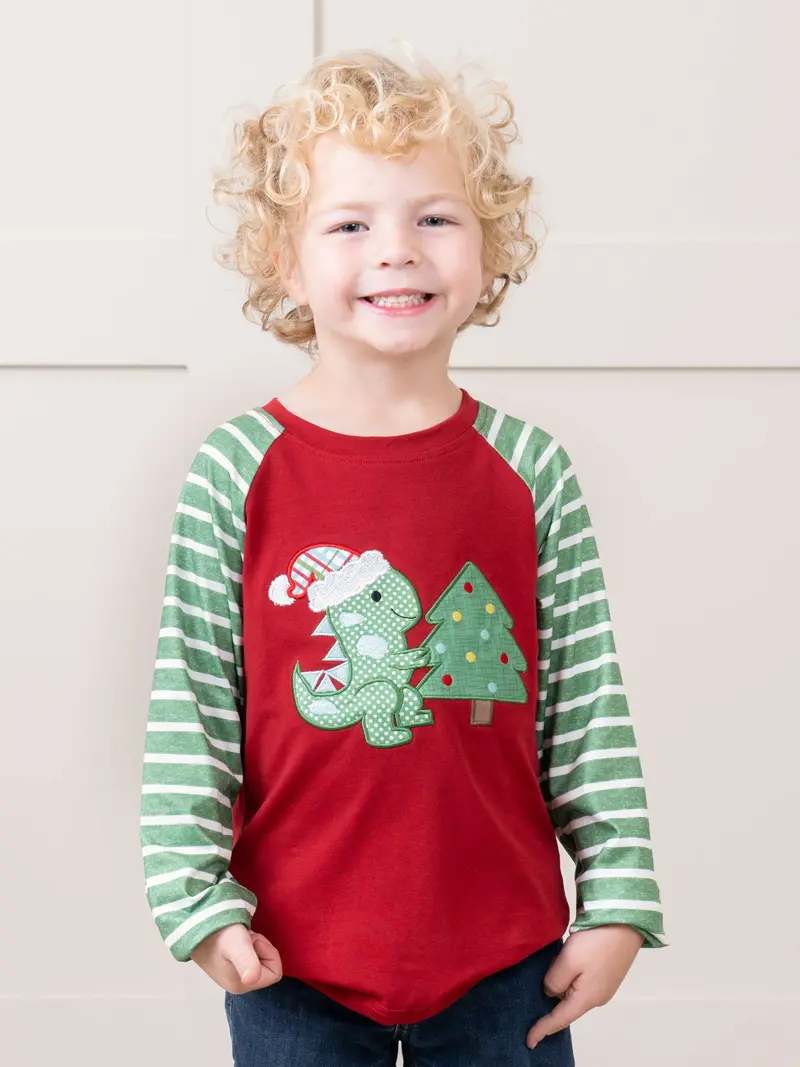 Dino-Print Striped Raglan Holiday Shirt 1