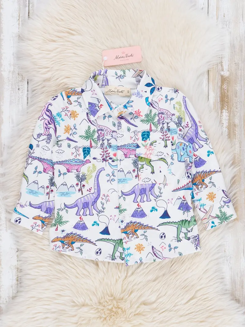 Dinosaur Camp Print Button-Up Shirt For Toddlers 1