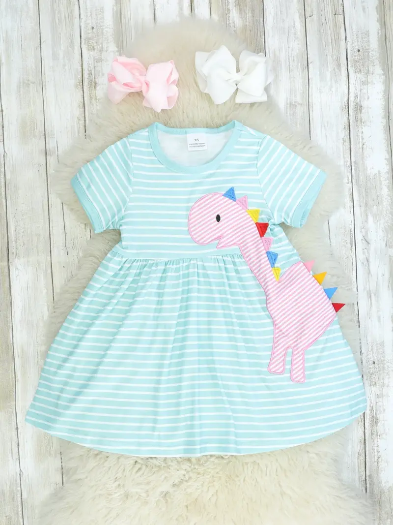 Dinosaur Patterned Blue Striped Dress 1