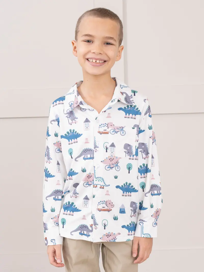 Dinosaur Skate Park Button-Up Shirt For Kids 1
