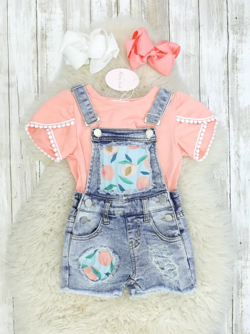 Distressed Peach Denim Overalls Set 1
