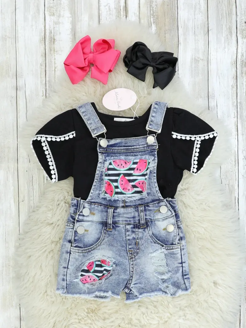 Distressed Watermelon Denim Overalls Outfit 1