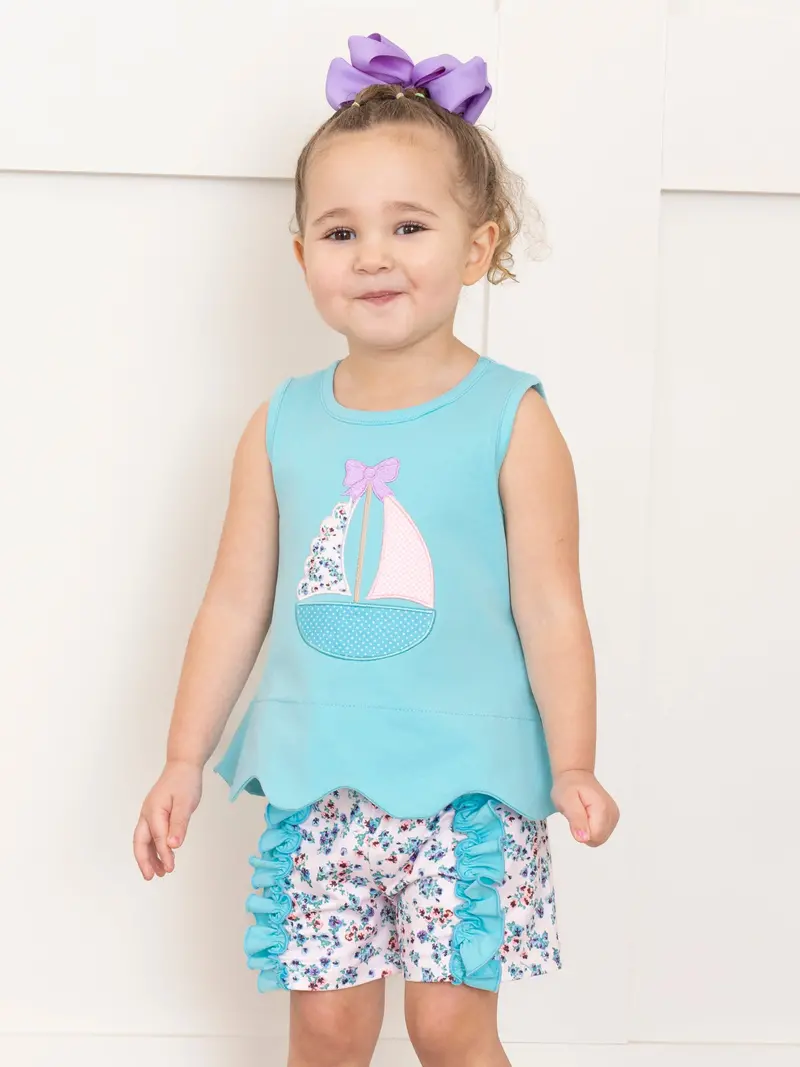Embroidered Sailboats Floral Ruffle Coordinated Outfit 1