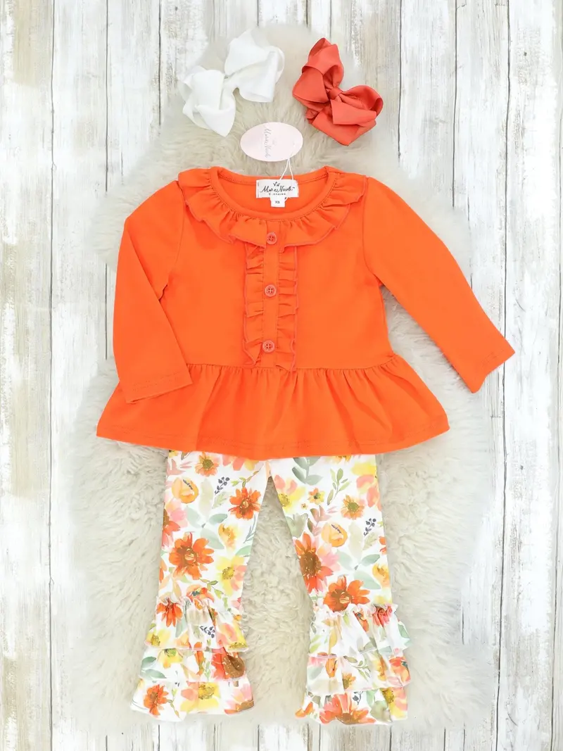 Fall-Inspired Orange Floral Tunic And Pants Set 1
