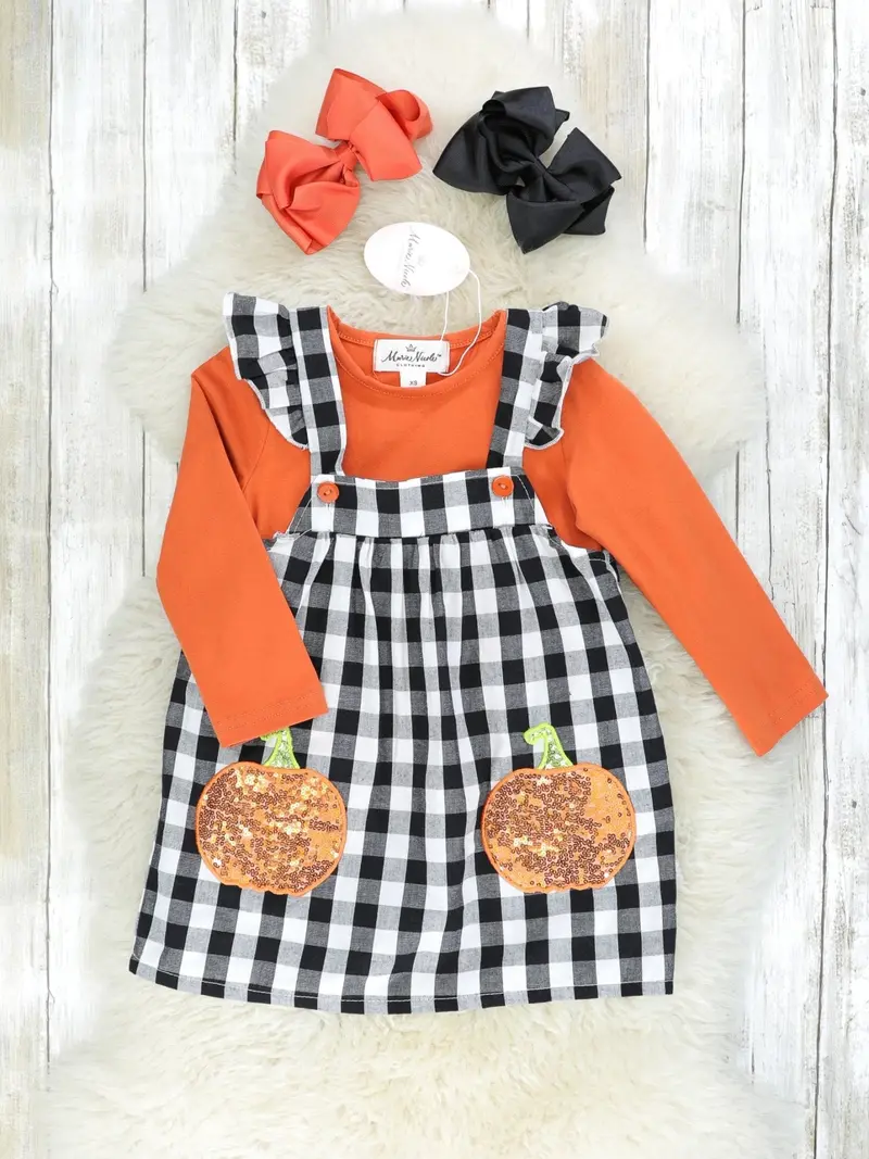 Festive Orange Top With Gingham Sequin Pumpkin Overall Dress 1