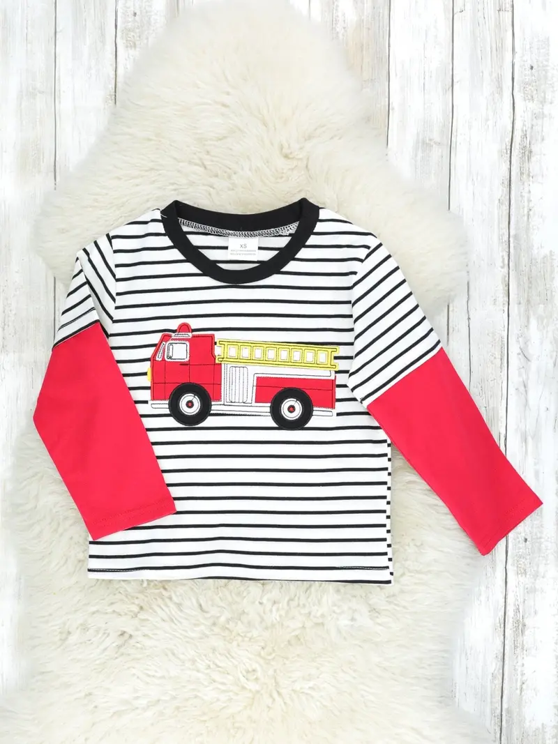 Firetruck-Print Red-Striped Layered Top For Kids 1