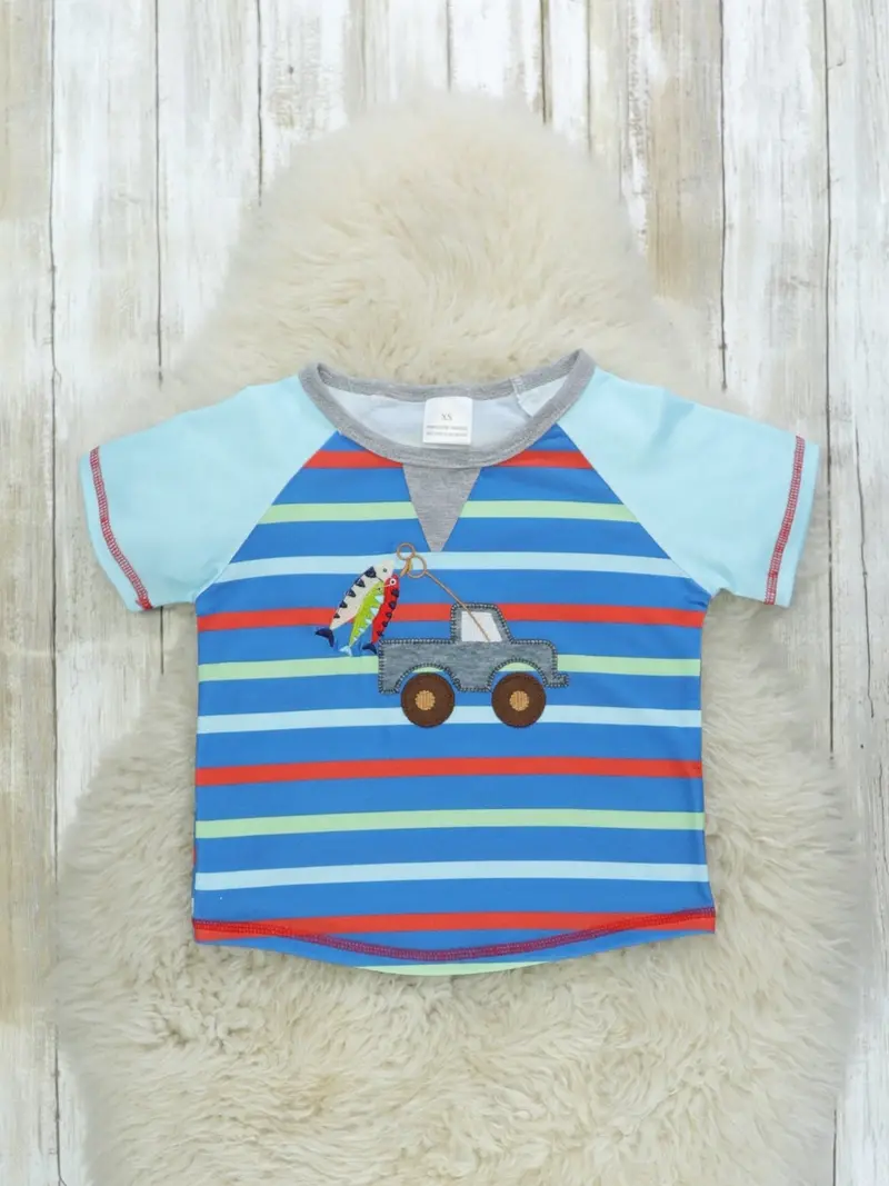 Fishing-Themed Striped Shirt With Truck Print 1