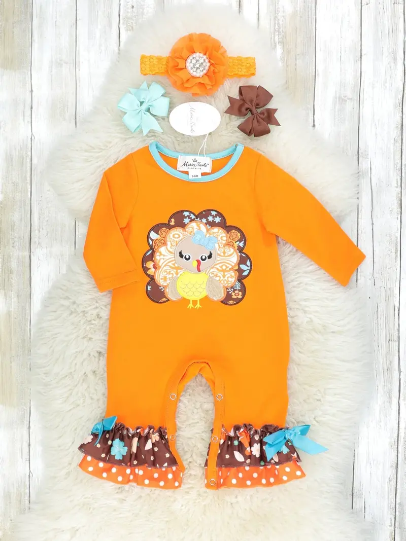 Floral Turkey Ruffle Romper For Girls 1