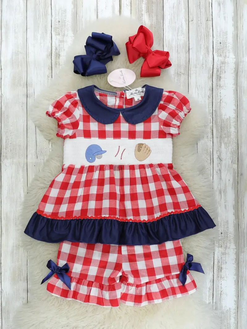 Gingham Baseball-Inspired Smocked Ruffle Outfit 1