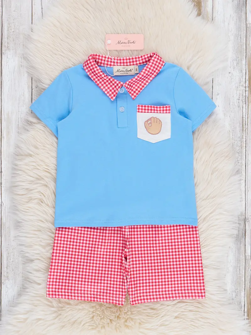 Gingham Baseball Pocket Outfit With Decorative Stitching 1